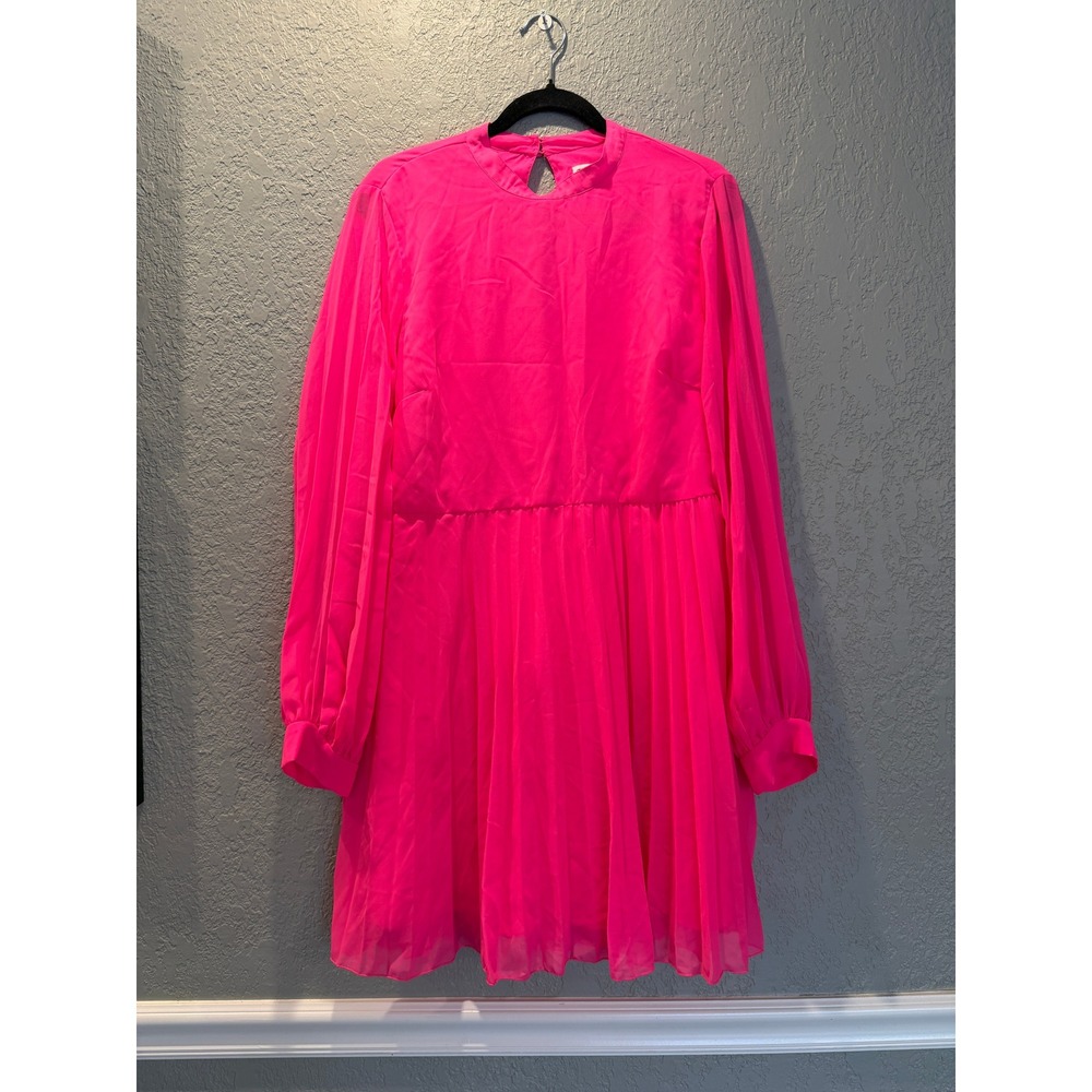 ASOS DESIGN Neon Pink Pleated Chiffon Mini Dress Long Sleeve High Neck US 12